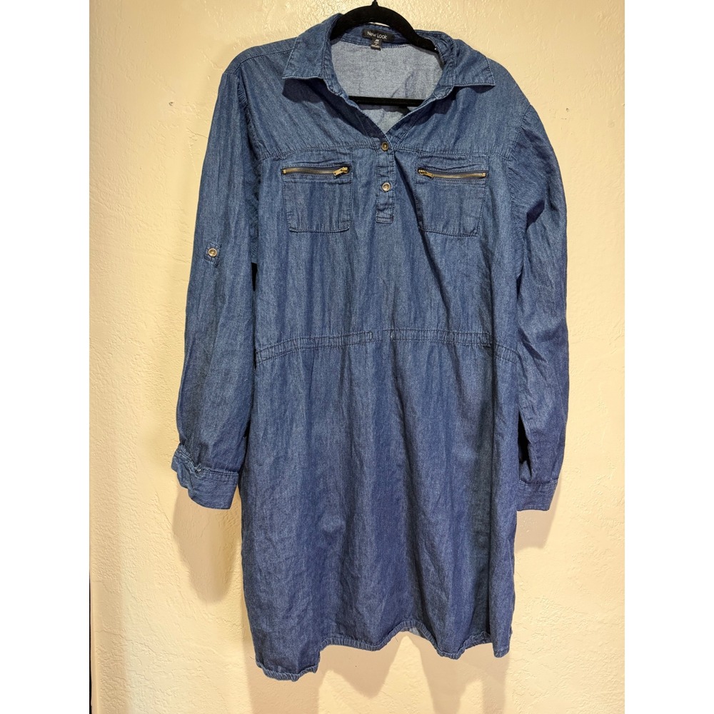 New Look Womens 3X Blue Denim Chambray Shirt Dress Zipper Pocket Roll Tab Sleeve